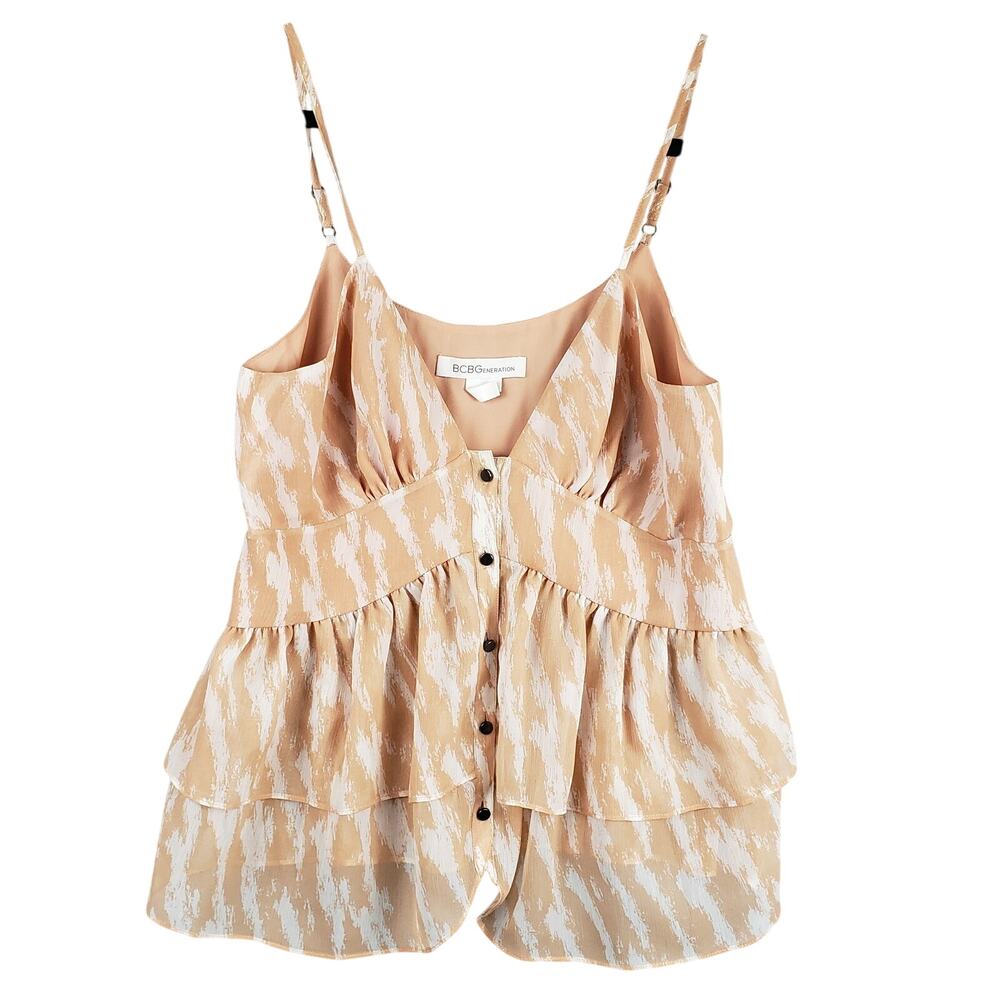 BCBG Generation Size XS‎ Ruffled Peplum Babydoll Tank Top Pink Cream Romantic